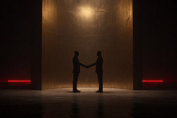 Obraz premium cybersecurity breach, security camera blinking red indicates a corrupt handshake in the golden room