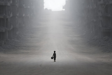 urban poverty, boy walks with water jug on gazas dusty road, passing collapsed buildings