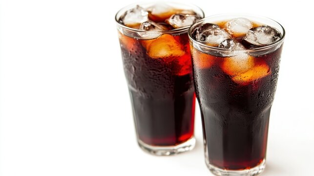 Refreshing Glasses of Cold Carbonated Beverage with Ice Cubes