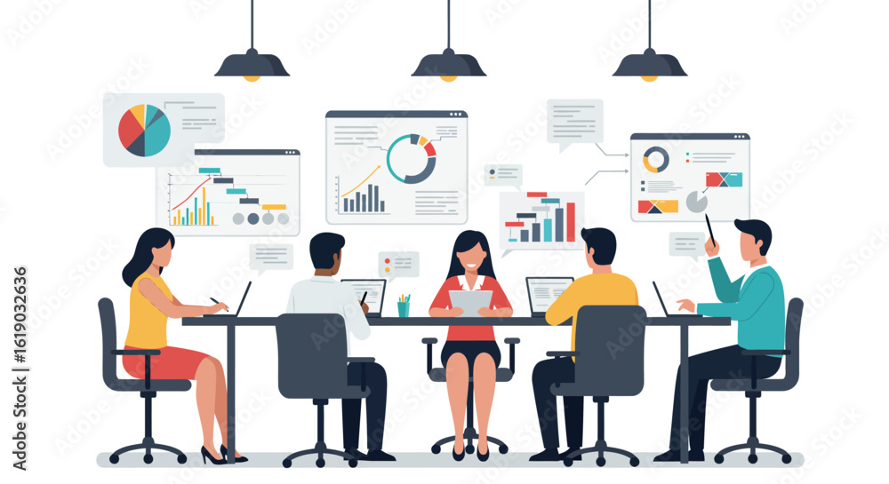 Poster team collaboration in modern workspace with data presentation elements