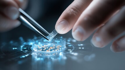 Scientist carefully placing a microchip into a futuristic organ on a chip device using tweezers, highlighting the meticulous process and integration of advanced technology in medical research