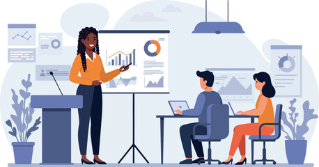 Business presentation in modern office setting with engaged team discussion and visuals