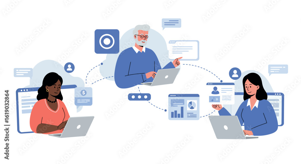 Poster collaborative teamwork in digital workspace with diverse professionals and interactive communication