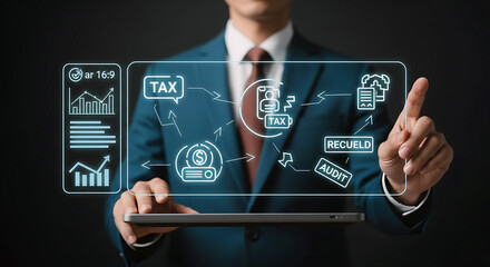 Businessman interacting with holographic financial data and charts