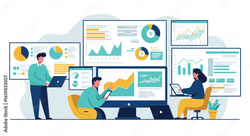 Poster team analyzing data with multiple interactive charts and graphs in office setting