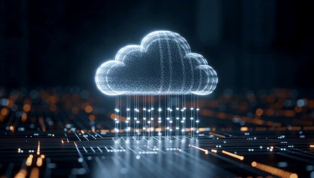 A glowing cloud symbolizing data and connections, representing the concept of "the Cloud" The background is dark blue with digital patterns, indicating technology or software Generative AI - Powered by Adobe