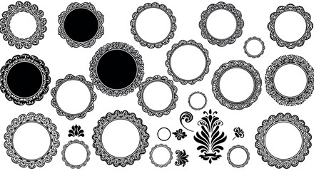 Ornate circle frames and floral elements in elegant black and white design