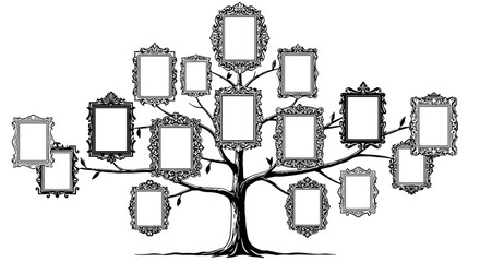 Elegant family tree with ornate frames in monochrome design