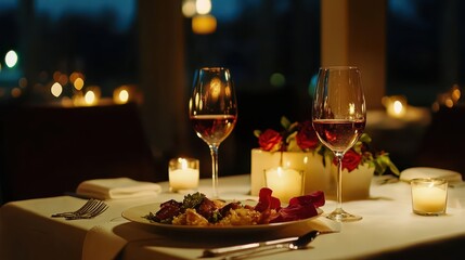Romantic Dinner Table Setting with Candlelight and Wine Glasses
