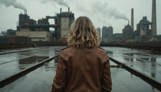 Backview of woman in brown jacket at industrial area. Smokestacks, machinery emit smoke under cloudy sky. Reflective wet ground with railway tracks. Moody, atmospheric scene with elements of