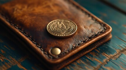 Close-up of a vintage leather wallet with a shiny coin resting on it, showcasing craftsmanship and texture on a rustic wooden surface.