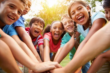 Diverse Group of Children Forming a Team Circle, Laughing and Smiling