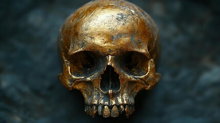 A detailed golden skull sculpture on a dark background, showcasing intricate features and textures, perfect for artistic or symbolic representation.