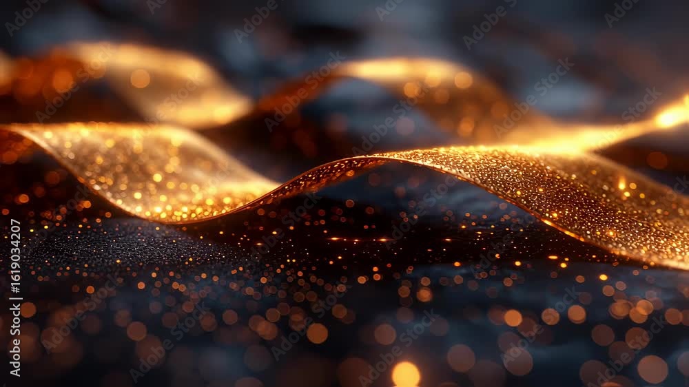 Poster wavy golden ribbon over a dark textured background with bokeh lights and a warm color palette