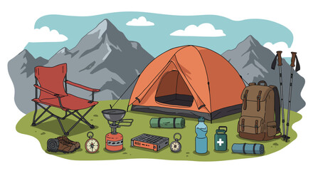 Camping adventure setup with tent and mountains in the background