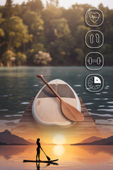 Paddle surfboard on a wooden dock next to a calm lake and a silhouette of a girl surfing at sunset. With fitness and wellness icons superimposed.