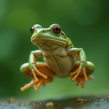 Green Tree Frog Leaping in Natural Habitat with Blurred Background