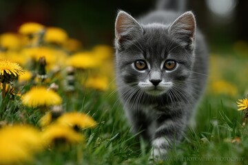 Gray tabby kitten walking through dandelions in the grass on a sunny day showing off its whiskers and soft fur