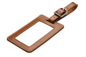Brown leather luggage tag with adjustable buckle strap, perfect for travel identification and personalizing suitcases, isolated on a clean white background.
