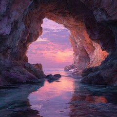 Coastal cave sunrise ocean reflection; tranquil seascape for travel brochure