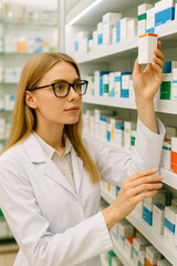 Beautiful blond woman pharmacist wearing white coat and glasses looking for medicine in pharmacy drugstore.Healthcare and medicine concept.