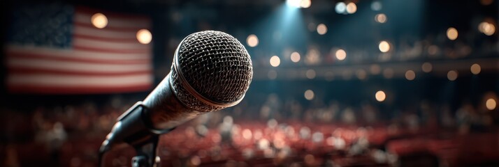Microphone on stage in a theater during an event with an audience and an American flag in the background