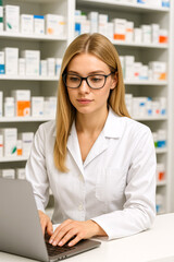 Young blond woman pharmacist wearing white coat and glasses looking for medicine on laptop in pharmacy drugstore.