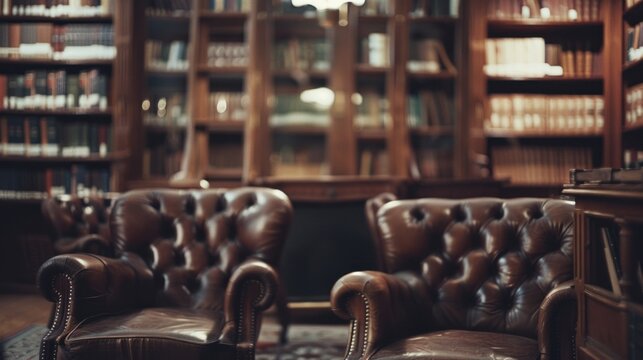 Luxury leather armchairs in a library setting
