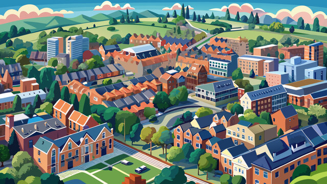 An aerial view of Ealing, a residential area in western part of London shows leafy streets, rooftops, and calm parks. Semi-realistic vector style captures soft light and urban greenery.