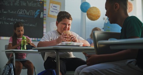 Primary School Boy Eating Sandwich from Lunch Box, Talking to Classmate and Sharing Cookie with...