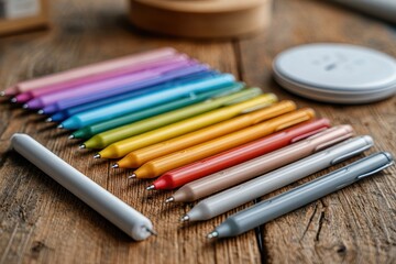 Colorful pencils with silver clips arranged on a textured wooden table, beside a partially visible tablet and another device, creating a composition of stationery and technology