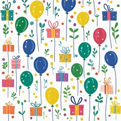 Colorful balloons and gifts pattern, perfect for celebrations, parties, or children's events with a playful and cheerful design.