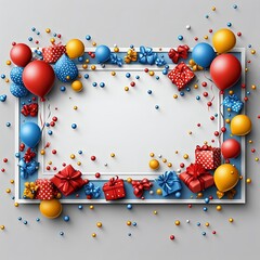 A festive frame decorated with colorful balloons, gifts, and confetti for celebrations like birthdays or parties, perfect for custom invitations.