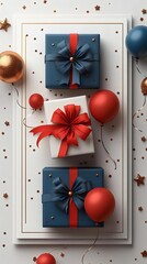 Festive arrangement of beautifully wrapped gifts with ribbons, balloons, and golden stars, perfect for celebrations and special occasions.