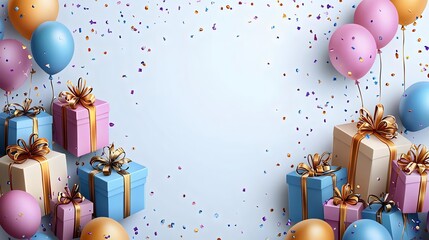 Colorful birthday scene with festive balloons and beautifully wrapped gifts, perfect for celebrations, parties, and invitations.
