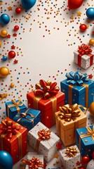 Colorful gift boxes with ribbons and balloons create a festive atmosphere perfect for celebrations, birthdays, or holidays. Bright and cheerful imagery.