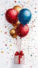 Festive celebration image featuring colorful balloons and a gift box with a bow, creating a joyful party atmosphere.