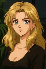 Naklejka premium Anime Girl Illustration Retro Portrait with Blonde Hair and Black Top