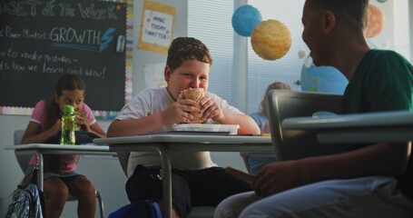 Primary School Boy Eating Sandwich from Lunch Box, Talking to Classmate and Sharing Cookie with...