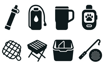 Outdoor adventure silhouette icon set. camping, hiking gear, travel essentials