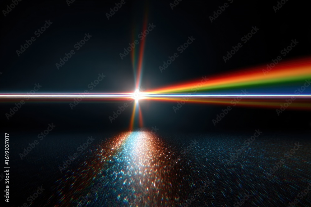 Poster light beam emitting rainbow spectrum against dark backdrop and reflecting on ground with a glow effe