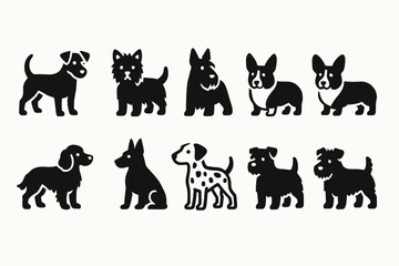 Dog breed silhouette icon set. canine symbols with different breeds and styles