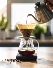 Coffee being brewed using pour-over method with glass server and gooseneck kettle