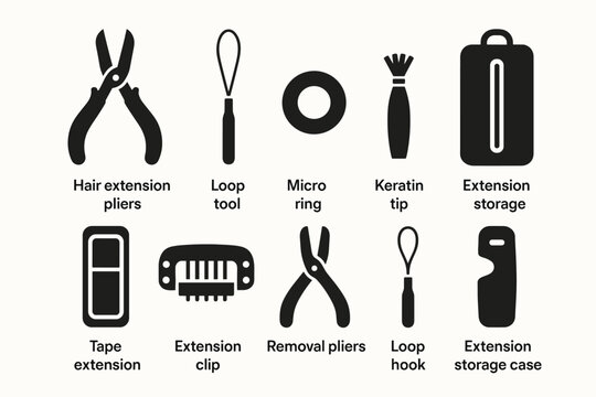 Hair extension tools solid icon set. pliers, loop, micro ring, extension storage