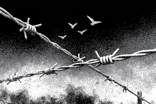 Close up of stippled barbed wire in black and white creates a textured, abstract pattern - Powered by Adobe