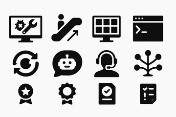 Business and technology solid icon set. digital tools and online service essentials