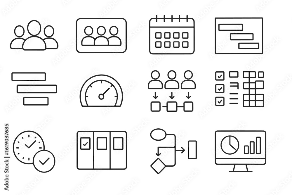 Poster project management outline icon set. task, planning, workflow symbols for productivity