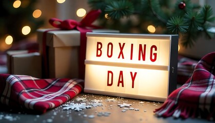 A red gift box with a black ribbon on a dark red background with the text HAPPY BOXING DAY DECEMBER 26, created with generative ai