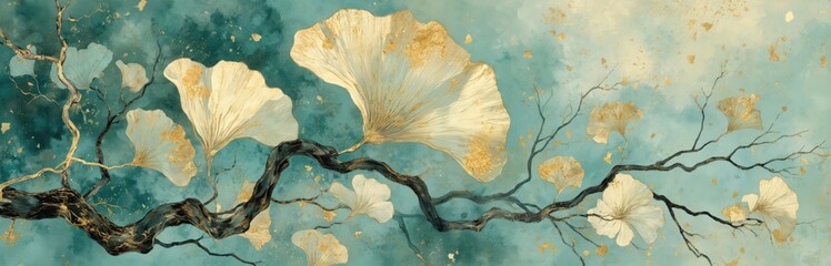 Elegant illustration features Ginkgo Biloba leaves in gold, teal hues against abstract, textured background. Delicate branches showcase botanical beauty with intricate details, luxurious gold accents.