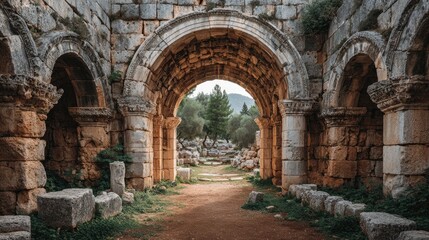 Ancient archway leading to a distant landscape
